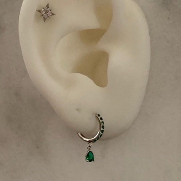 Modest Lu Jewelry - Sterling Silver Green Crystal Paved Tear Drop Dangle Huggie Hoop Earrings